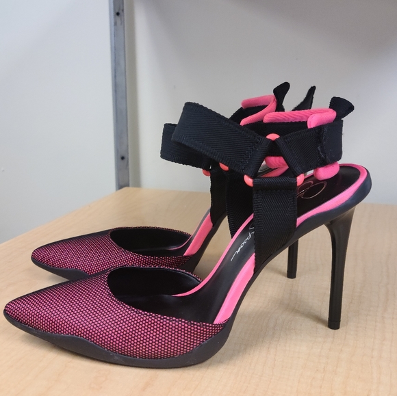 Jessica Simpson Shoes - Neon Pink & Black Ankle Strap Pumps